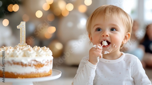 An adorable baby celebrating their first birthday is joyfully smearing cake frosting on their face, while a decorated cake with a number one candle sits in the foreground. photo