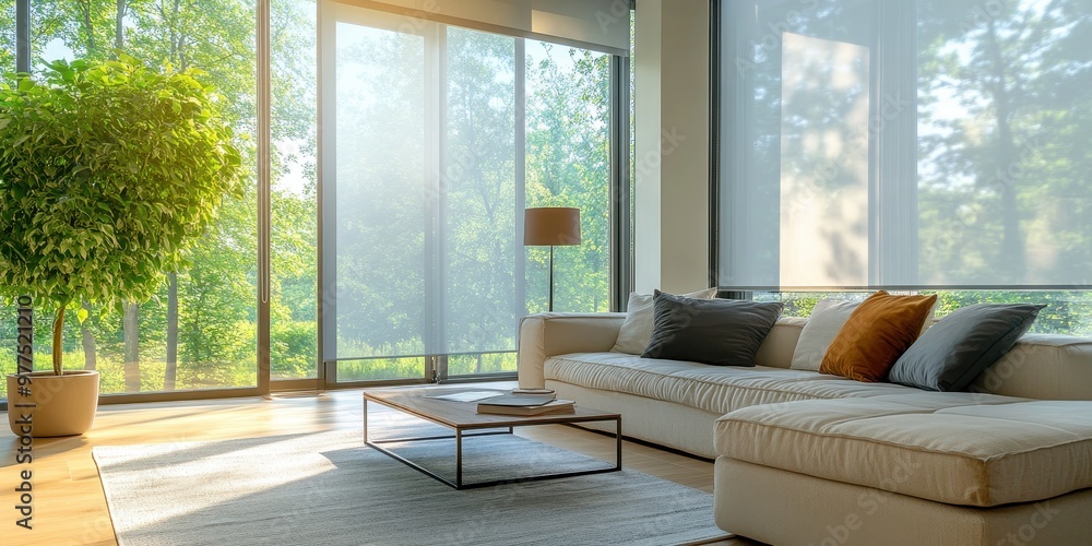 Fototapeta premium Bright and modern living room with large windows, cozy sofa, and stylish decor, creating a serene and inviting atmosphere.
