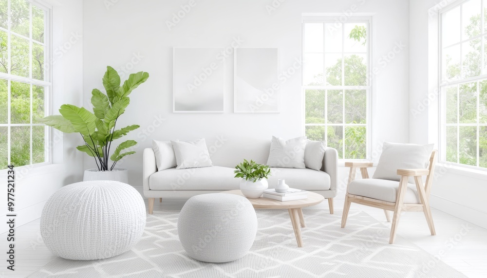 A bright and airy living room featuring a neutral color palette, large windows, and modern furniture, with a geometric area rug adding a splash of character A bright and airy living room featuring a neutral color palette, large windows, and modern furniture, with a geometric area rug adding a splash of character