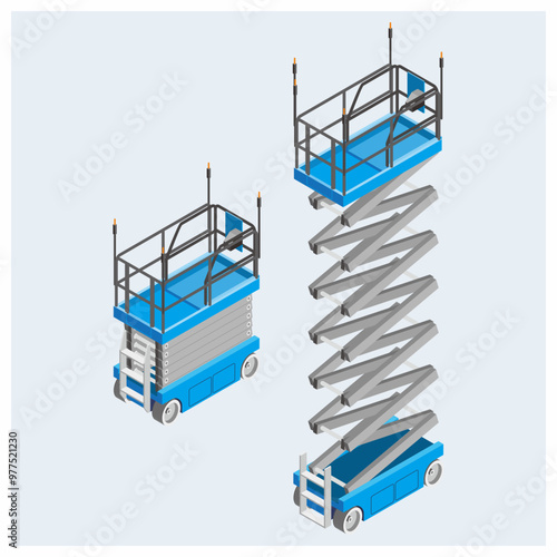 Isometric view of ascended and folded scissor lift illustration. Mobile elevated working platform equipment for construction and industrial work.