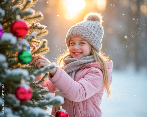 A happy girl decorates a Christmas tree in the winter forest