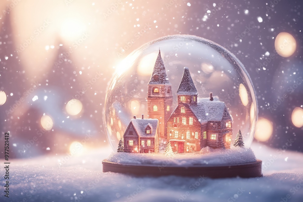 Snow globe with illuminated village and falling snow Snow globe with illuminated village and falling snow