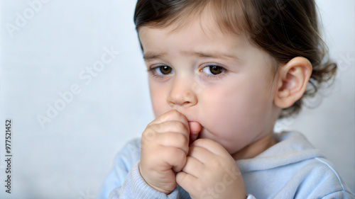 Young boy coughing into his hand indoors as a sign of illness or cold