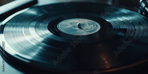 Close-up of a spinning vinyl record on a turntable, showcasing intricate grooves and vivid colors. Perfect for music lovers.