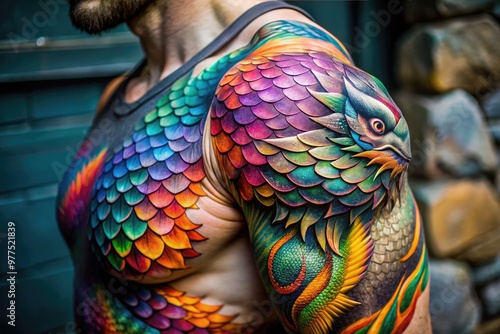 Vibrant, intricately detailed, mythical dragon scales wrap around a toned, muscular arm, blending fantasy and reality in a stunning, colorful, and mesmerizing tattoo design. photo