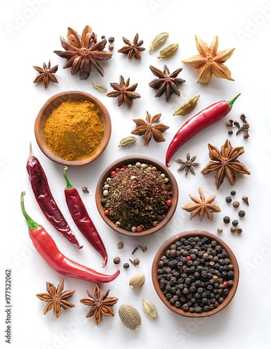 Indian Spices on a White Background. Minimalist Display Featuring Black Pepper, Cloves, Star Anise, and Dried Red Chilies in a Clean Format. Graphic art illustration