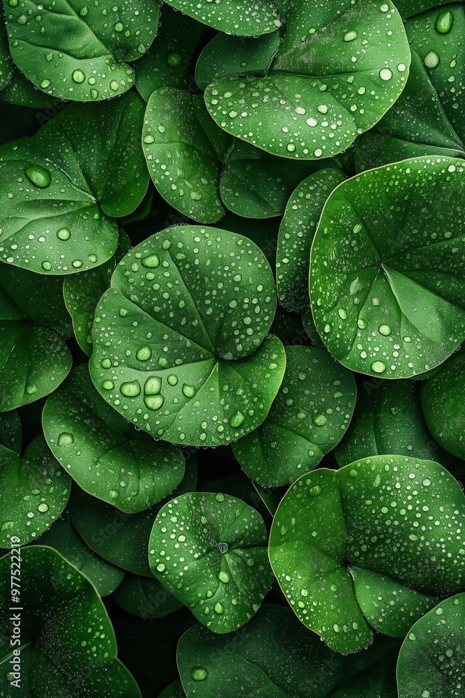Close-up view of green leaves with raindrops. The image shows wet, fresh foliage covered with water droplets, creating a natural and refreshing scene. Close-up view of green leaves with raindrops. The image shows wet, fresh foliage covered with water droplets, creating a natural and refreshing scene.