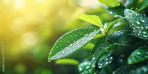 Close-up of vibrant green leaf with dew drops glistening in sunlight, symbolizing freshness and natural beauty.