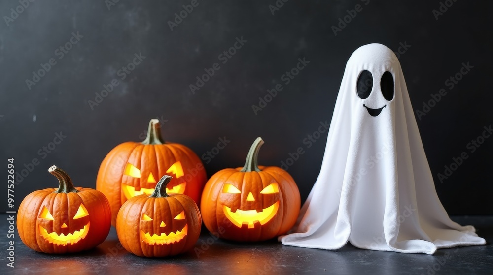 A playful ghost costume stands beside three carved jack-o'-lanterns, evoking a fun and spooky Halloween atmosphere. A playful ghost costume stands beside three carved jack-o'-lanterns, evoking a fun and spooky Halloween atmosphere.
