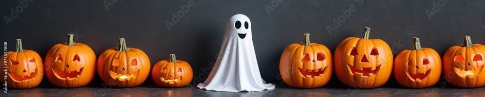 A playful ghost costume stands beside three carved jack-o'-lanterns, evoking a fun and spooky Halloween atmosphere. A playful ghost costume stands beside three carved jack-o'-lanterns, evoking a fun and spooky Halloween atmosphere.