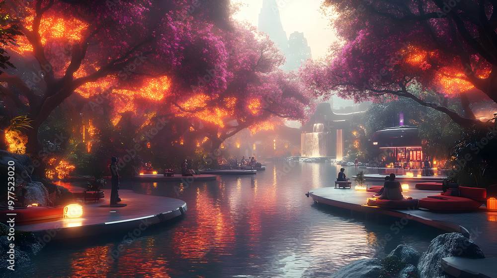 Fantasy Cityscape with Trees and River Illustration Fantasy Cityscape with Trees and River Illustration