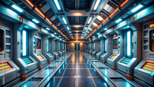 Fototapeta Naklejka Na Ścianę i Meble -  Futuristic space station with a long corridor.