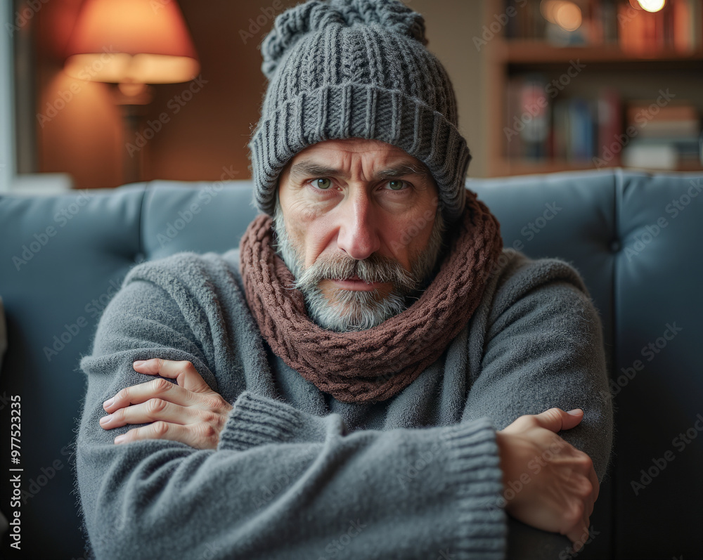 Obraz premium a gloomy man in a winter hat and scarf freezes at home