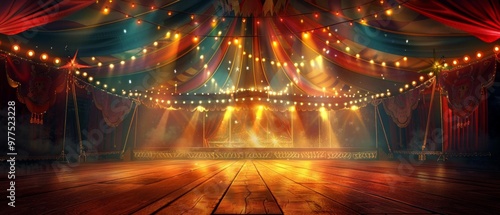 Empty circus stage in a tent, brightly lit by yellow spotlights with red curtains and fairy lights, evokes festive grandeur. Structure exudes showmanship despite vacancy.