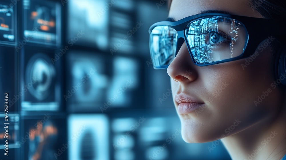 A woman working on a laptop and a digital tablet in a modern office setting with virtual screens displaying digital interfaces and technology concepts, VR glasses interacting with network while having A woman working on a laptop and a digital tablet in a modern office setting with virtual screens displaying digital interfaces and technology concepts, VR glasses interacting with network while having