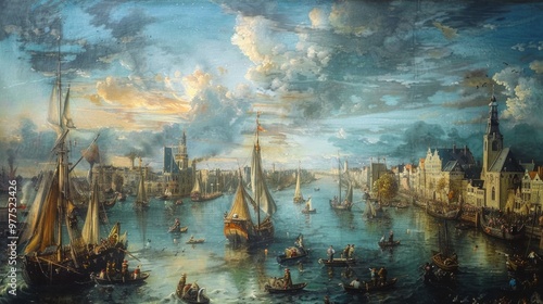 Wallpaper Mural A lively harbor painting with ships, cityscape, and cloudy sky. Cultural details like the Dutch flag and bustling activity depict a historical port scene. Torontodigital.ca