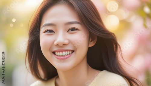 A young woman with long, flowing smooth and brown hair. The warm yellow background radiates positivity and joy, perfectly capturing the essence of her cheerful and carefree spirit.