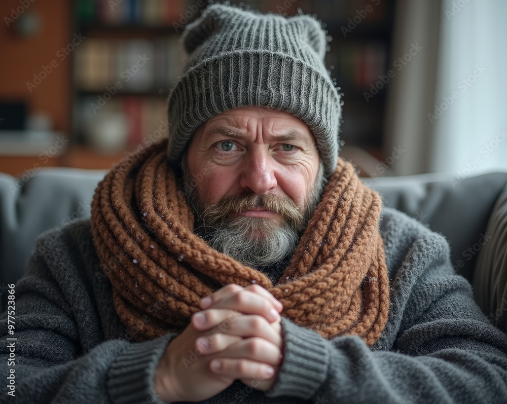 a gloomy man in a winter hat and scarf freezes at home a gloomy man in a winter hat and scarf freezes at home