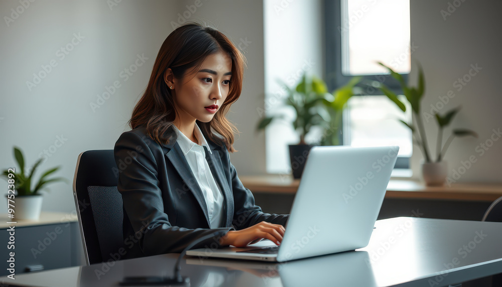 Businesswoman in a sleek office environment, working on a laptop with natural light streaming through a narrow window. Businesswoman in a sleek office environment, working on a laptop with natural light streaming through a narrow window.