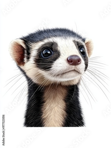 A close-up of a curious ferret with expressive eyes, showcasing its playful nature and fluffy fur against a white background.