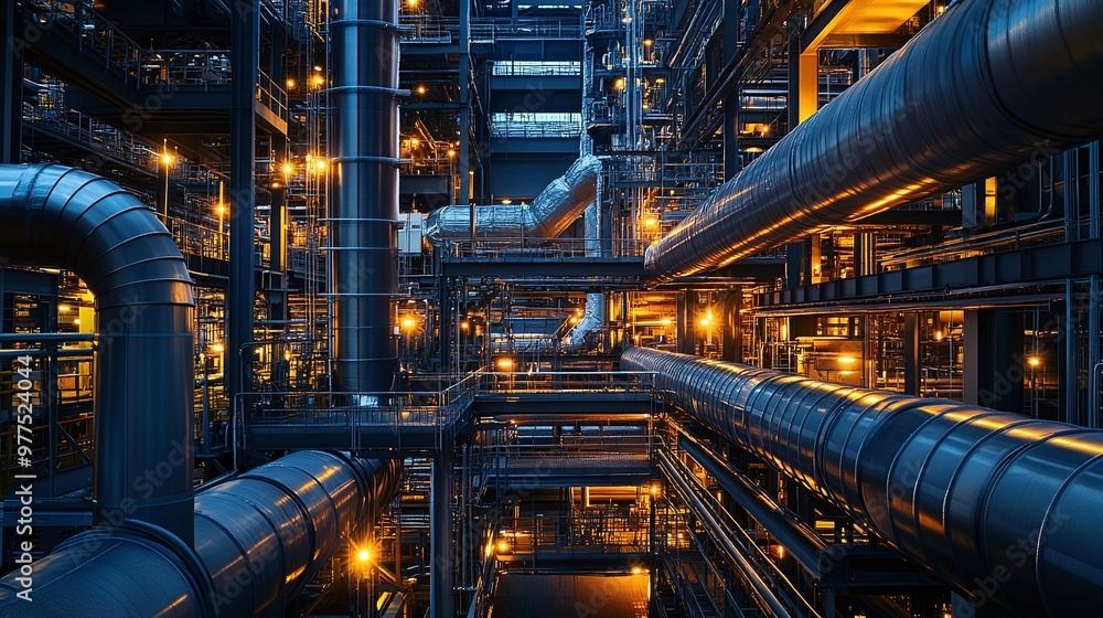 scene of industrial pipelines in a factory at night illustrating the flow of materials through illuminated pipes capturing the dynamic and vibrant nature of the manufacturing environment scene of industrial pipelines in a factory at night illustrating the flow of materials through illuminated pipes capturing the dynamic and vibrant nature of the manufacturing environment