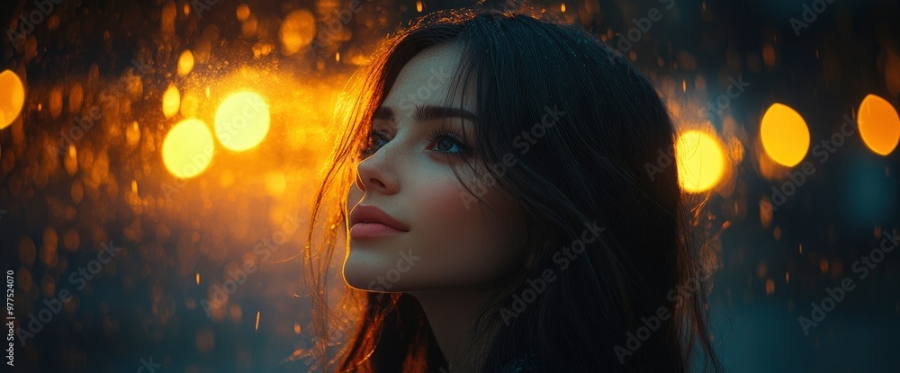 Woman Gazing Up at Bokeh Lights