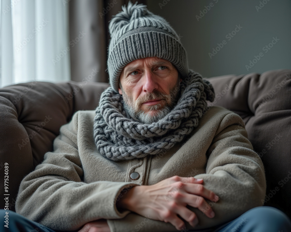 a gloomy man in a winter hat and scarf freezes at home a gloomy man in a winter hat and scarf freezes at home