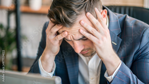 Frustrated man sitting at desk with head in hands experiencing stress and fatigue photo