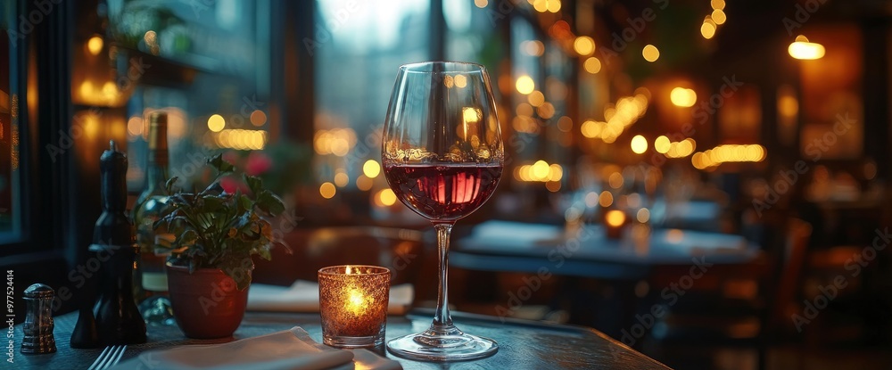 Glass of Red Wine on a Table with Candles and a Plant in a Restaurant Glass of Red Wine on a Table with Candles and a Plant in a Restaurant