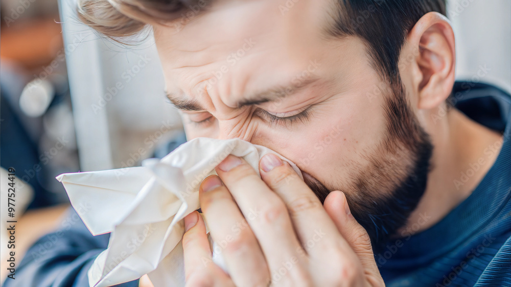 Sick man blowing his nose into tissue suffering from cold and flu symptoms Sick man blowing his nose into tissue suffering from cold and flu symptoms