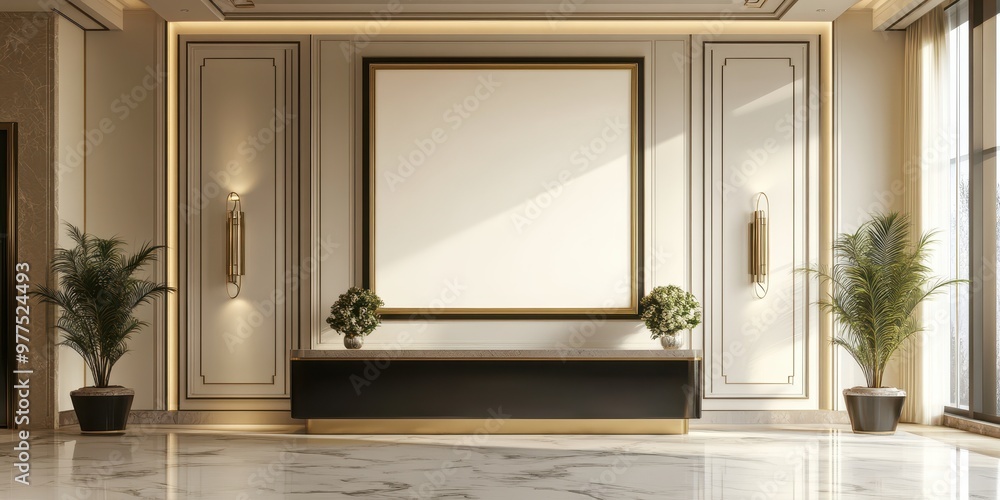 Elegant interior design featuring a spacious wall with a blank frame, minimalist decor, and decorative plants for a modern look. Elegant interior design featuring a spacious wall with a blank frame, minimalist decor, and decorative plants for a modern look.