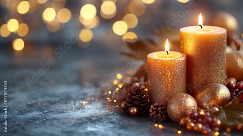 Festive Gold Candles with Bokeh Lights for Christmas