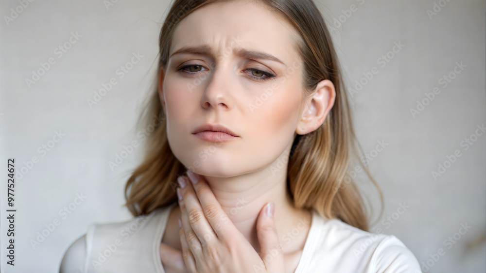 Naklejka premium Woman holding throat experiencing pain and discomfort from sore throat and illness