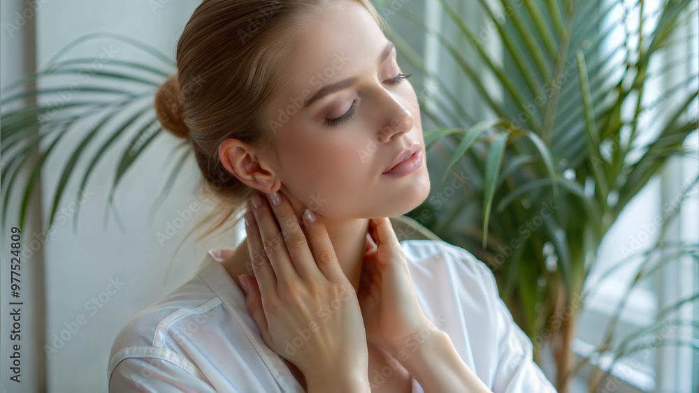 Young Woman Touching Neck Due to Sore Throat Pain in Relaxed Home Setting Young Woman Touching Neck Due to Sore Throat Pain in Relaxed Home Setting