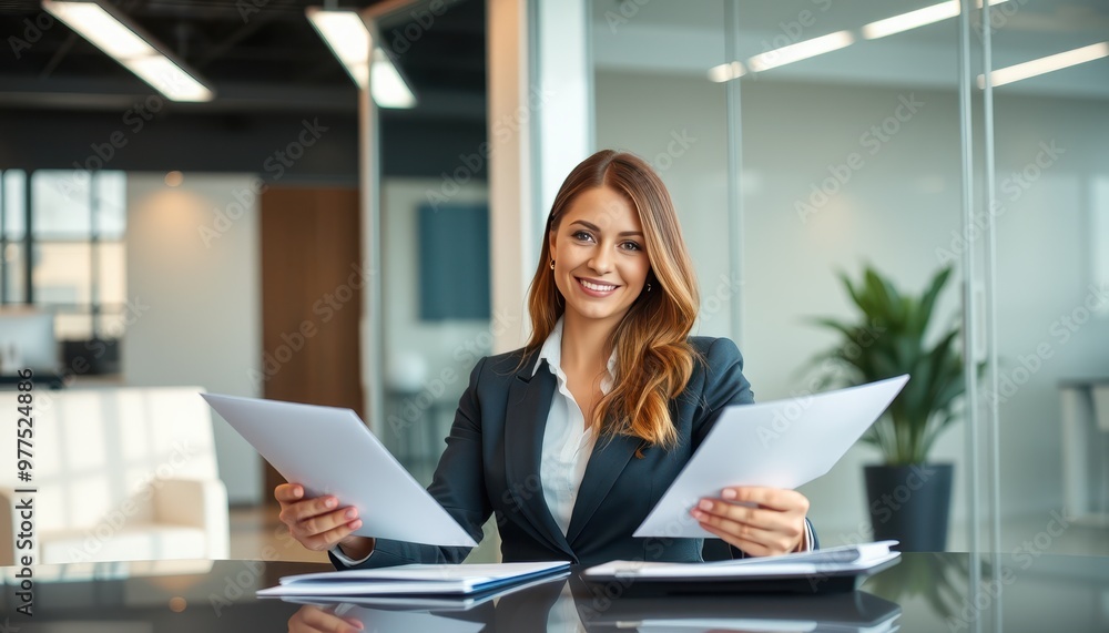 Professional Woman Smiling in a Black Suit in a Corporate Office Setting, Possibly Engaged in Document Signing or Reviewing Corporate Materials. Professional Woman Smiling in a Black Suit in a Corporate Office Setting, Possibly Engaged in Document Signing or Reviewing Corporate Materials.