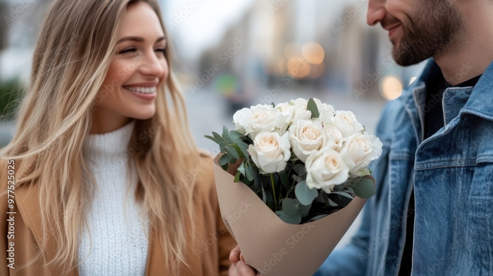 A couple shares a moment with a bouquet of roses on a bustling city street. The scene captures elements of affection, joy, and urban lifestyle in daylight. A couple shares a moment with a bouquet of roses on a bustling city street. The scene captures elements of affection, joy, and urban lifestyle in daylight.
