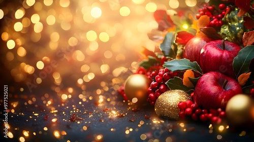 Festive Red Apples with Gold Glitter and Bokeh Lights