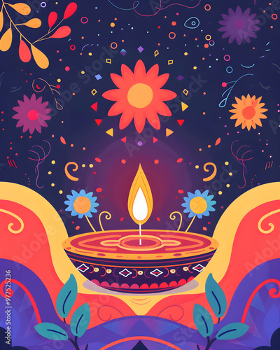 Traditional Diwali oil lamp. Frame with burning traditional lit diya oil lamp. Deepavali greeting template with copy space. Hindu festival of lights, Pongal, Ugadi, Gudi Padwa. Design for invitation, 