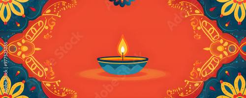 Banner with burning lit diya oil lamp on red background. Diwali, Deepavali greeting template with copy space. Hindu festival of lights. Pongal, Ugadi, Gudi Padwa. Traditional Indian holidays decor.