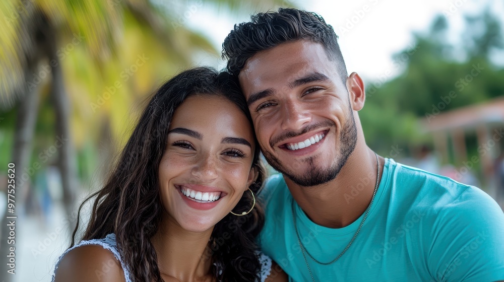 A couple is warmly embracing and smiling brilliantly at a beachside location, surrounded by sunny skies and tropical vibes, signifying joy and romantic connection. A couple is warmly embracing and smiling brilliantly at a beachside location, surrounded by sunny skies and tropical vibes, signifying joy and romantic connection.