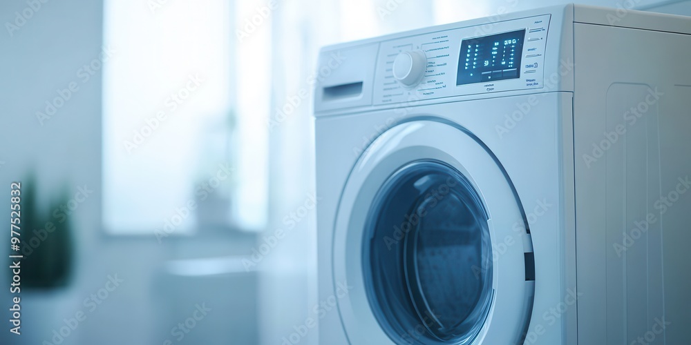 Modern washing machine in a bright and stylish laundry room, showcasing its digital display and sleek design. Modern washing machine in a bright and stylish laundry room, showcasing its digital display and sleek design.