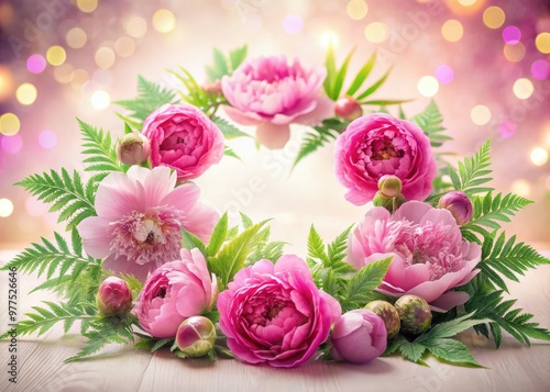 Vibrant pink peonies and delicate ferns arranged in a circular pattern, surrounded by soft focus pastel colors and subtle bokeh, evoking a sense of whimsy and serenity.