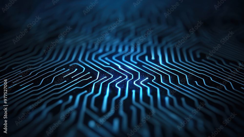A mesmerizing abstract representation of circuit board, showcasing intricate blue lines and patterns that evoke sense of technology and connectivity. design highlights complexity of modern digital sys A mesmerizing abstract representation of circuit board, showcasing intricate blue lines and patterns that evoke sense of technology and connectivity. design highlights complexity of modern digital sys
