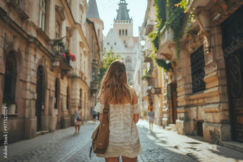 Wallpaper Mural A woman wearing a straw hat and a blue backpack walks down a cobblestone street., Torontodigital.ca