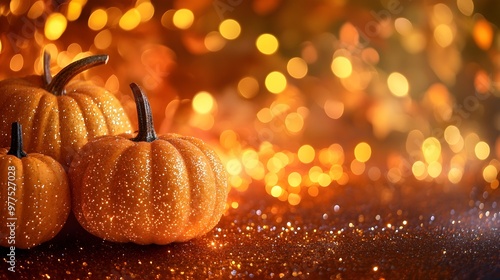 Glittery Pumpkins Autumn Background, Festive Fall Decor