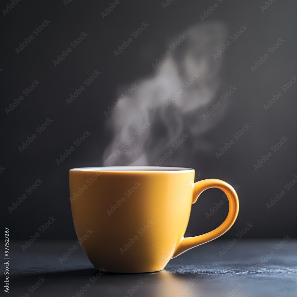 A yellow coffee cup with steam rising from it, sitting on a black table against a dark background.
A yellow coffee cup with steam rising from it, sitting on a black table against a dark background.