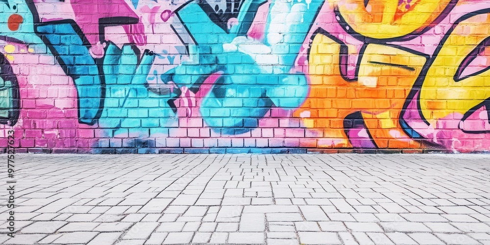 Obraz premium Vibrant graffiti wall art with colorful murals on a brick surface, perfect backdrop for urban photography or creative projects.