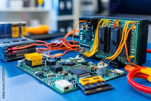 Industrial power supply unit on workbench, detailed wiring visible.
