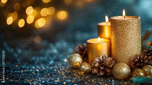Gold Christmas Candles and Ornaments on Glitter Background