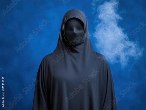 A mysterious figure in dark attire stands against a blue backdrop, conveying a sense of enigma and cultural identity.